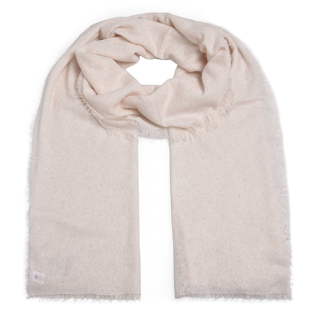 Eleganter Kaschmirschal für Damen mit dezenten Pailletten aus hochwertigem Cashmere in der Farbe Champagner, Handmade in Nepal, Größe 85 × 210 cm, Produktbild mit weißem Hintergrund