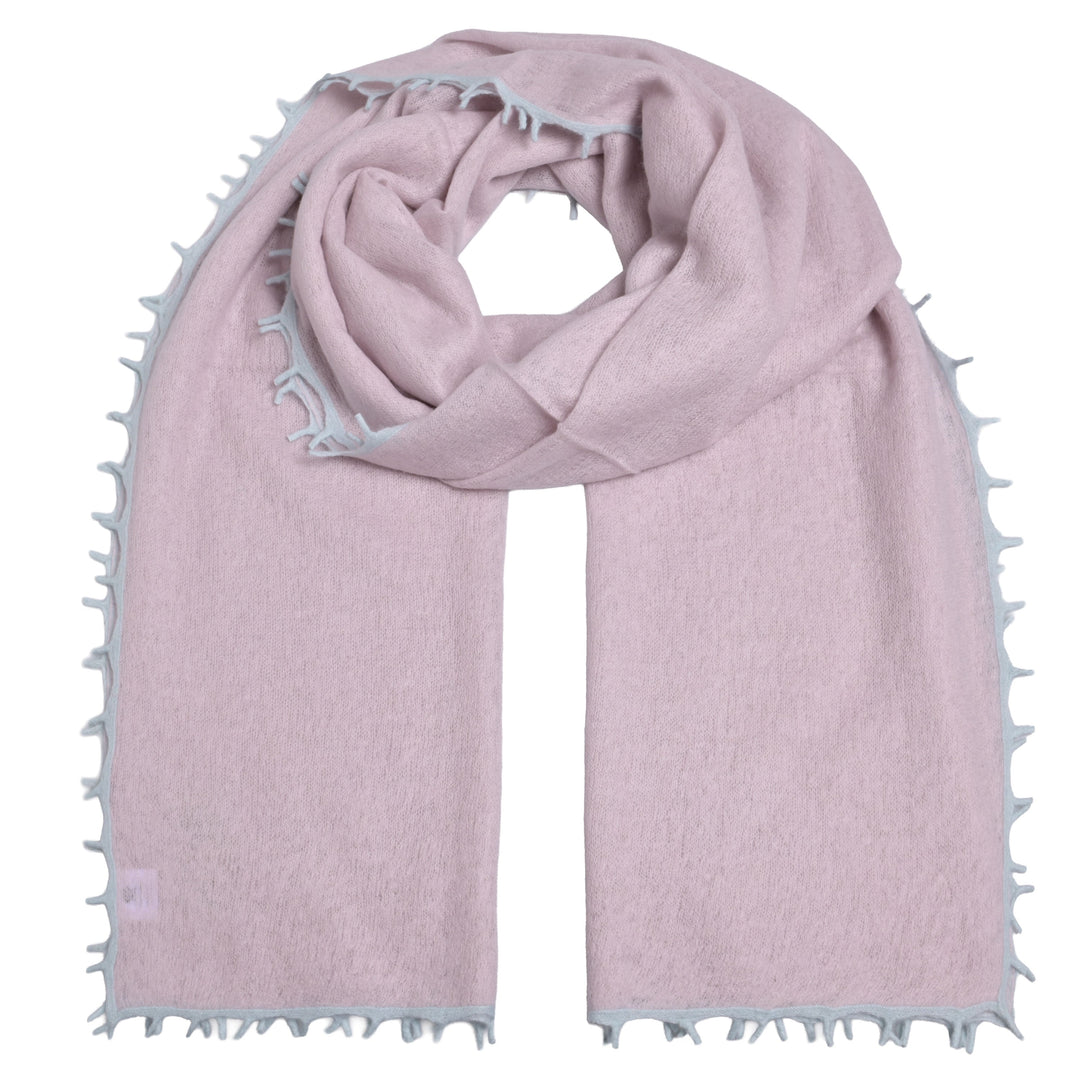Doppelt gefilzter Light Kaschmirschal für Damen mit Kontrastfransen und Kante, Farbe Gray Lilac, weich und edel, 210 cm x 85 cm, Produktfoto