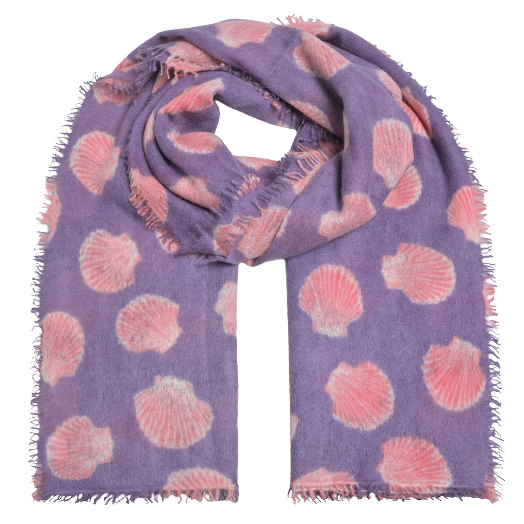 Edler Kaschmirschal für Damen aus 100% reinem Kaschmir mit kleinen Fransen in der Größe 210 x 85 cm mit Muscheln bedruckt, Farbe Orchid