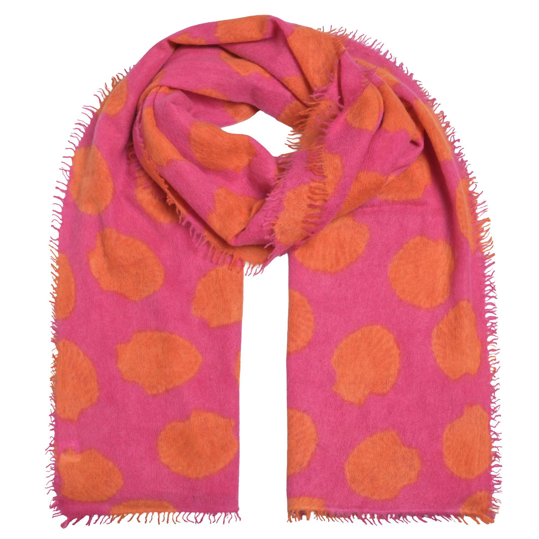 Edler Kaschmirschal für Damen aus 100% reinem Kaschmir mit kleinen Fransen in der Größe 210 x 85 cm mit Muscheln bedruckt, Farbe Raspberry
