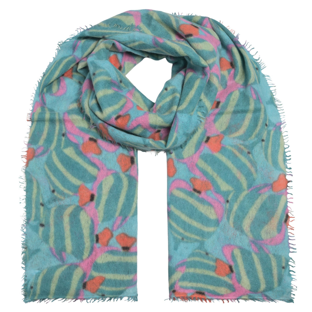 Großer Türkiser Kaschmirschal mit buntem Fisch-Muster, 100% Cashmere Stola aus der Light Sommerkollektion, handgefertigt in Nepal
