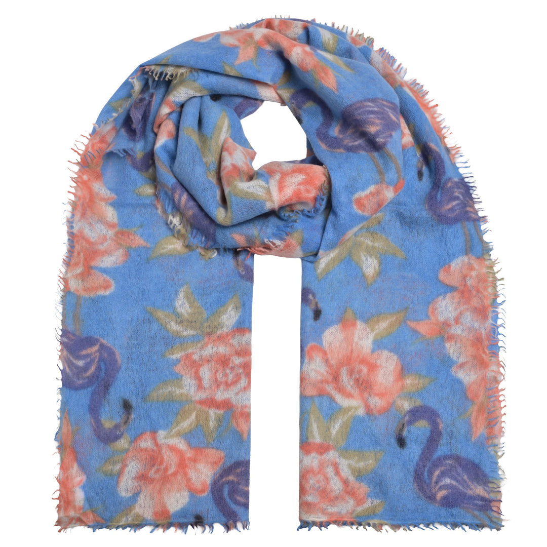 Großer blauer Kaschmirschal mit buntem Flamingo-Druck, 100% Cashmere Stola aus der Light Sommerkollektion, handgefertigt. Produktbild