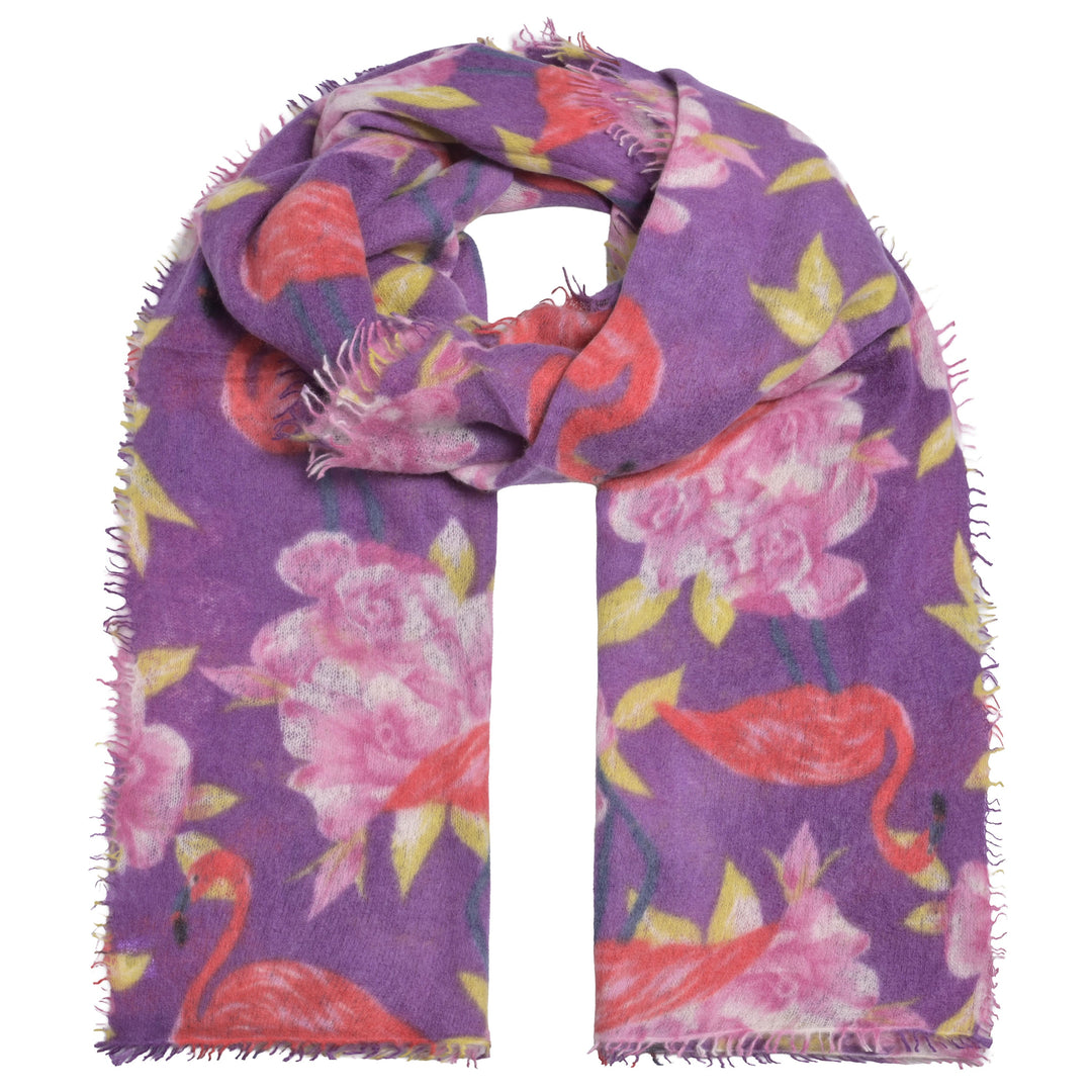 Großer lila Kaschmirschal mit buntem Flamingo-Druck, 100% Cashmere Stola aus der Light Sommerkollektion, handgefertigt. Produktbild