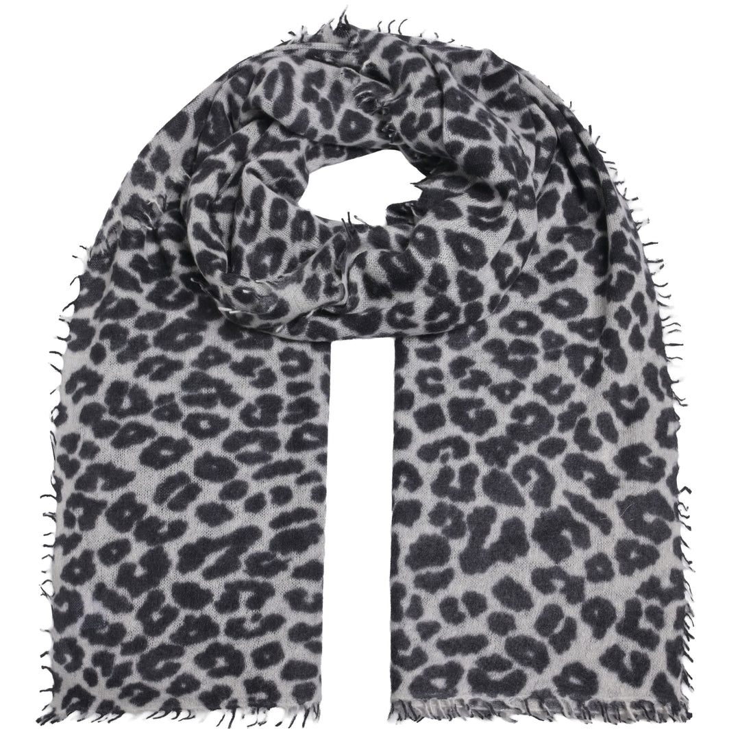 Schwarzer Light-Cashmere-Kaschmirschal mit Allover-Leoprint und eingearbeiteten Lurexfäden, ca. 80 × 205 cm