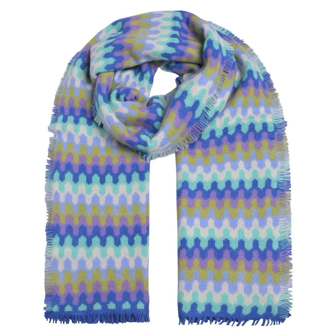 Weicher Damenschal aus 100 % purem Kaschmir, gewebt, handgefertigt in Nepal, mit dezenten Fransen und buntem Webmuster, Farbe Königsblau