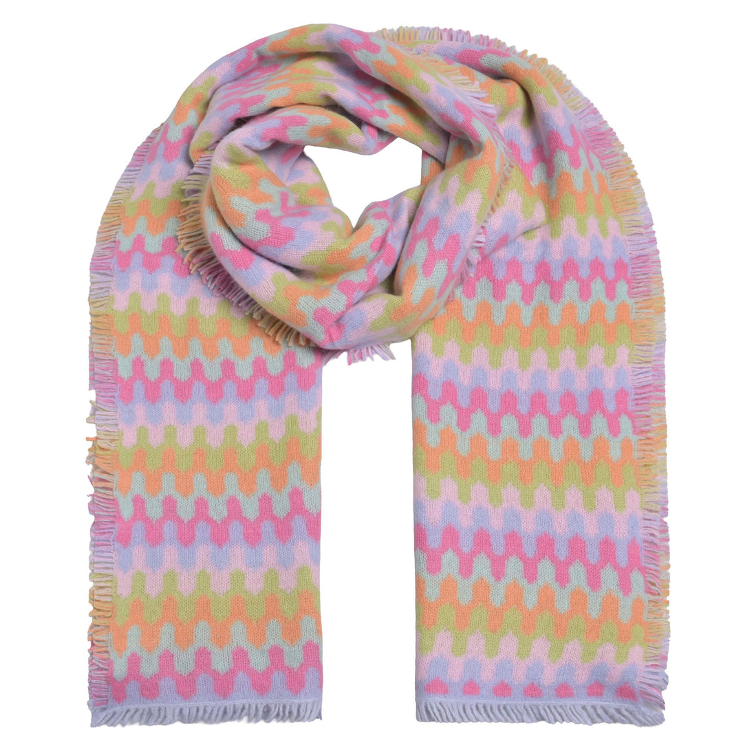 Weicher Damenschal aus 100 % purem Kaschmir, gewebt, handgefertigt in Nepal, mit dezenten Fransen und buntem Webmuster, Farbe Pink