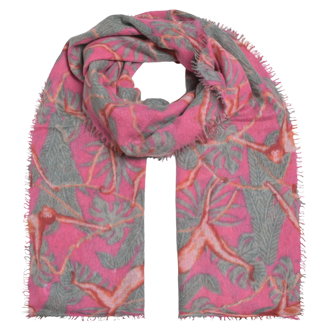 Gefilzter und gewalkter Light Cashmere Schal für Damen 210 x 85 cm mit aufgedruckten kleinen Affen, Farbe: Raspberry, Produktbild
