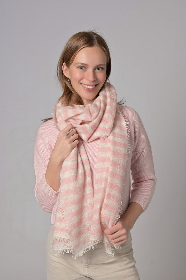 Cashmere Schal Stripe-cs in Weiß-Hellrosa