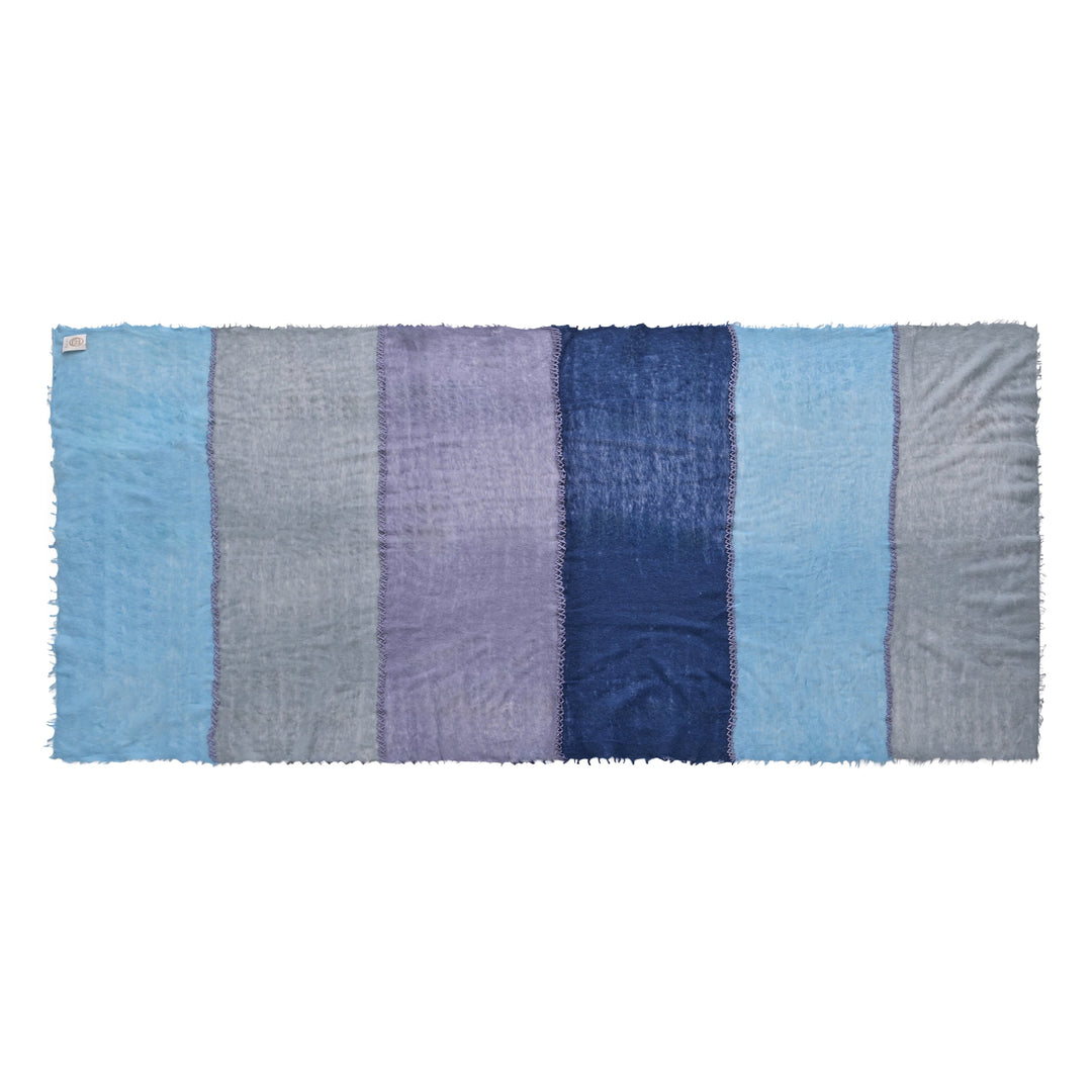 Kaschmirschal Damen in Blau und Grau Blockstreifen mit Stitching
