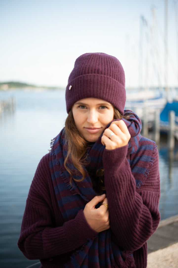 Cashmere Schal Stripe2-cs in Aubergine