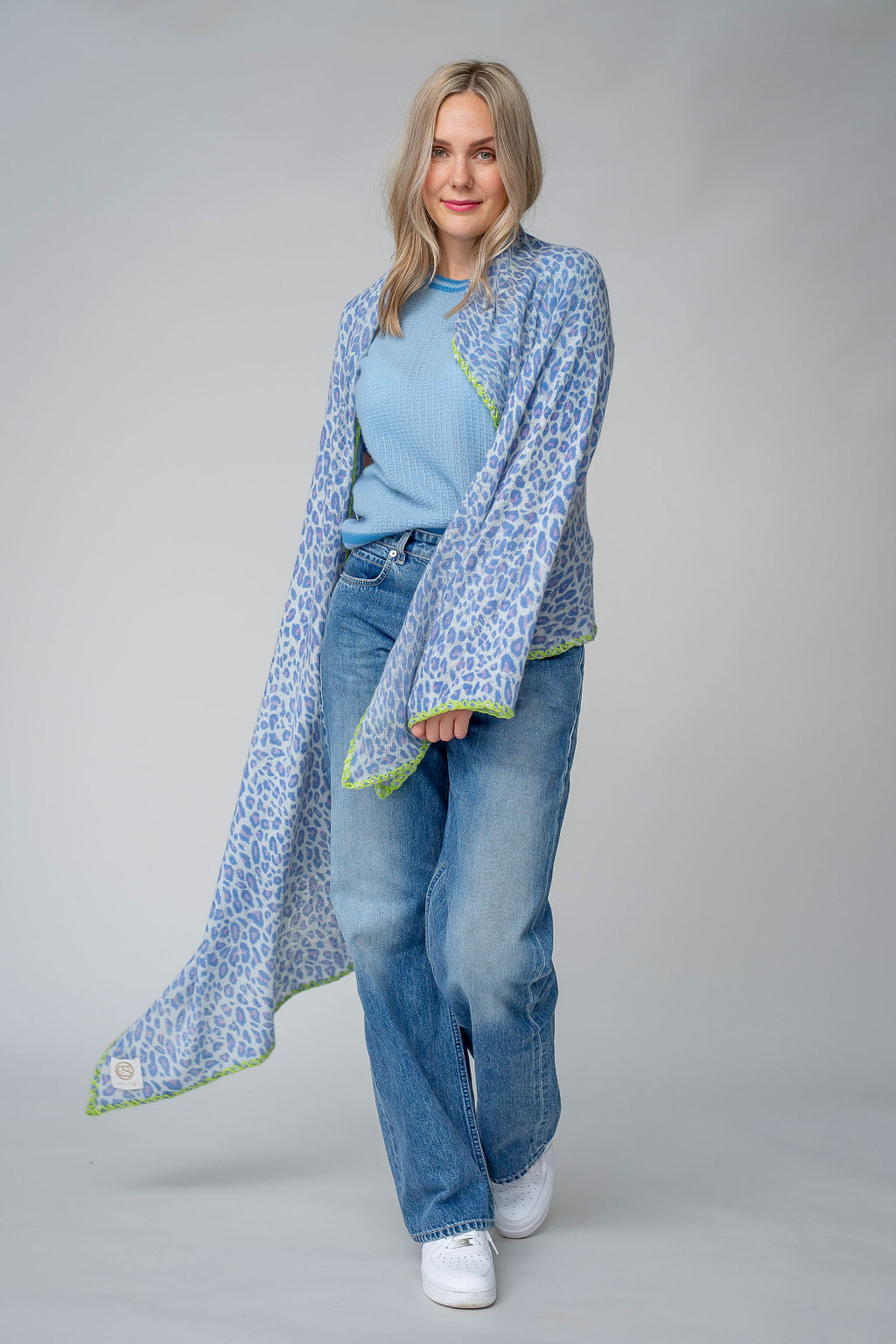 Cashmere Schal Feli-cs Leo mit Stitching in Azurro