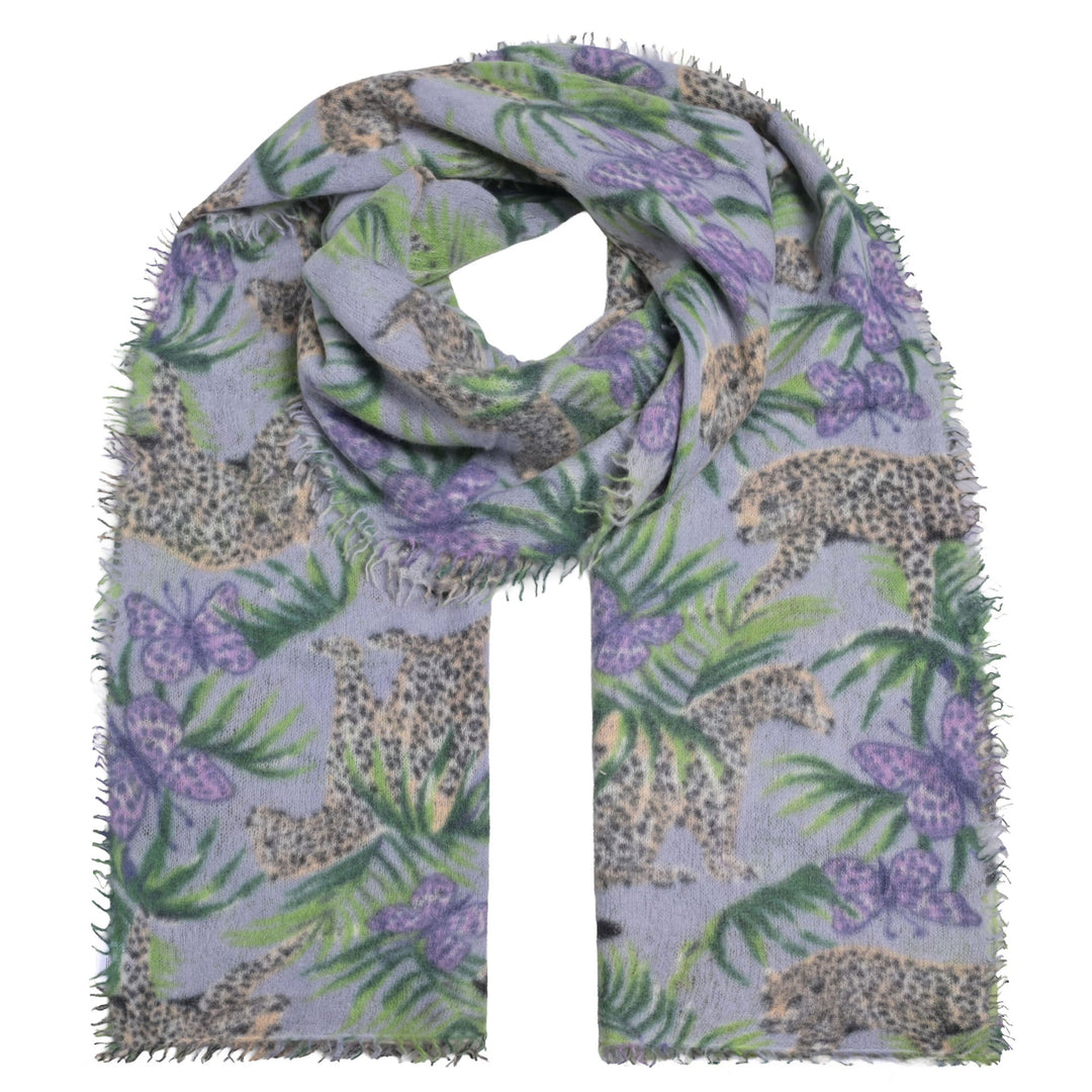 Langer Light Cashmere Schal aus 100 Prozent reinem Kaschmir in der Größe 210 x 85 cm, bedruckt mit Dschungel Motiv, Farbe Gray Lilac, Produktbild