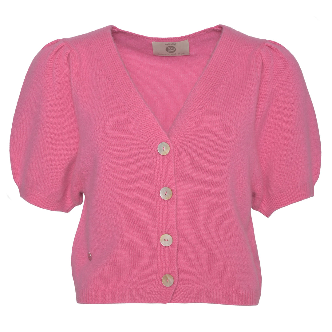 Pinker Kaschmir Cardigan Luca‑cs mit V‑Ausschnitt und kurzen Ballonärmeln aus 100% reinem Kaschmir, Damen Strickjacke mit Knopfleiste