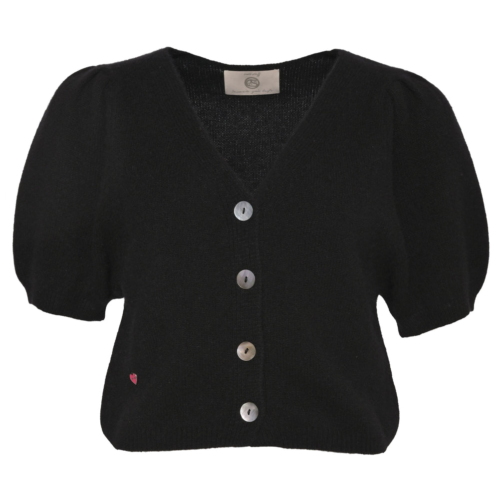 Schwarzer Kaschmir Cardigan Luca‑cs mit V‑Ausschnitt und kurzen Ballonärmeln aus 100% reinem Kaschmir, Strickjacke mit Knopfleiste