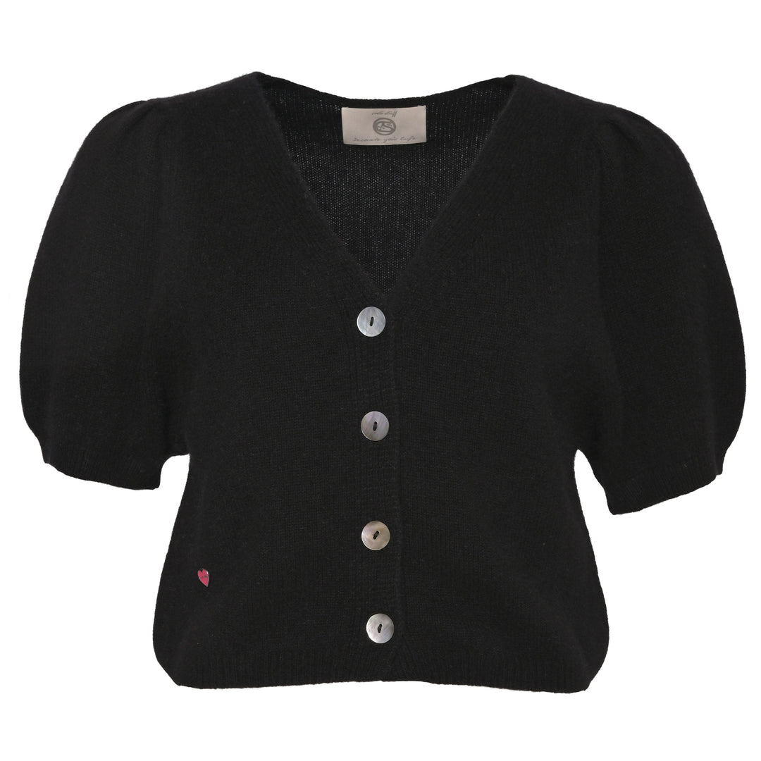 Schwarzer Kaschmir Cardigan Luca‑cs mit V‑Ausschnitt und kurzen Ballonärmeln aus 100% reinem Kaschmir, Strickjacke mit Knopfleiste