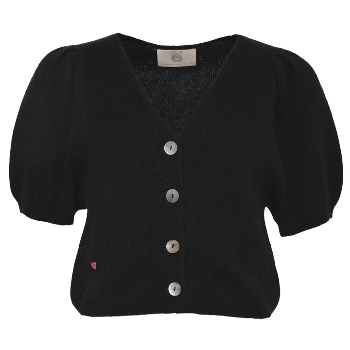 Schwarzer Kaschmir Cardigan Luca‑cs mit V‑Ausschnitt und kurzen Ballonärmeln aus 100% reinem Kaschmir, Strickjacke mit Knopfleiste