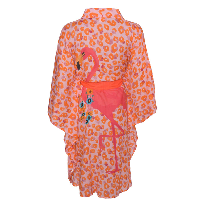 Kimono Catalina‑cs aus 100 % Baumwolle in Orange mit Leoprint und Flamingo‑Motiv auf dem Rücken