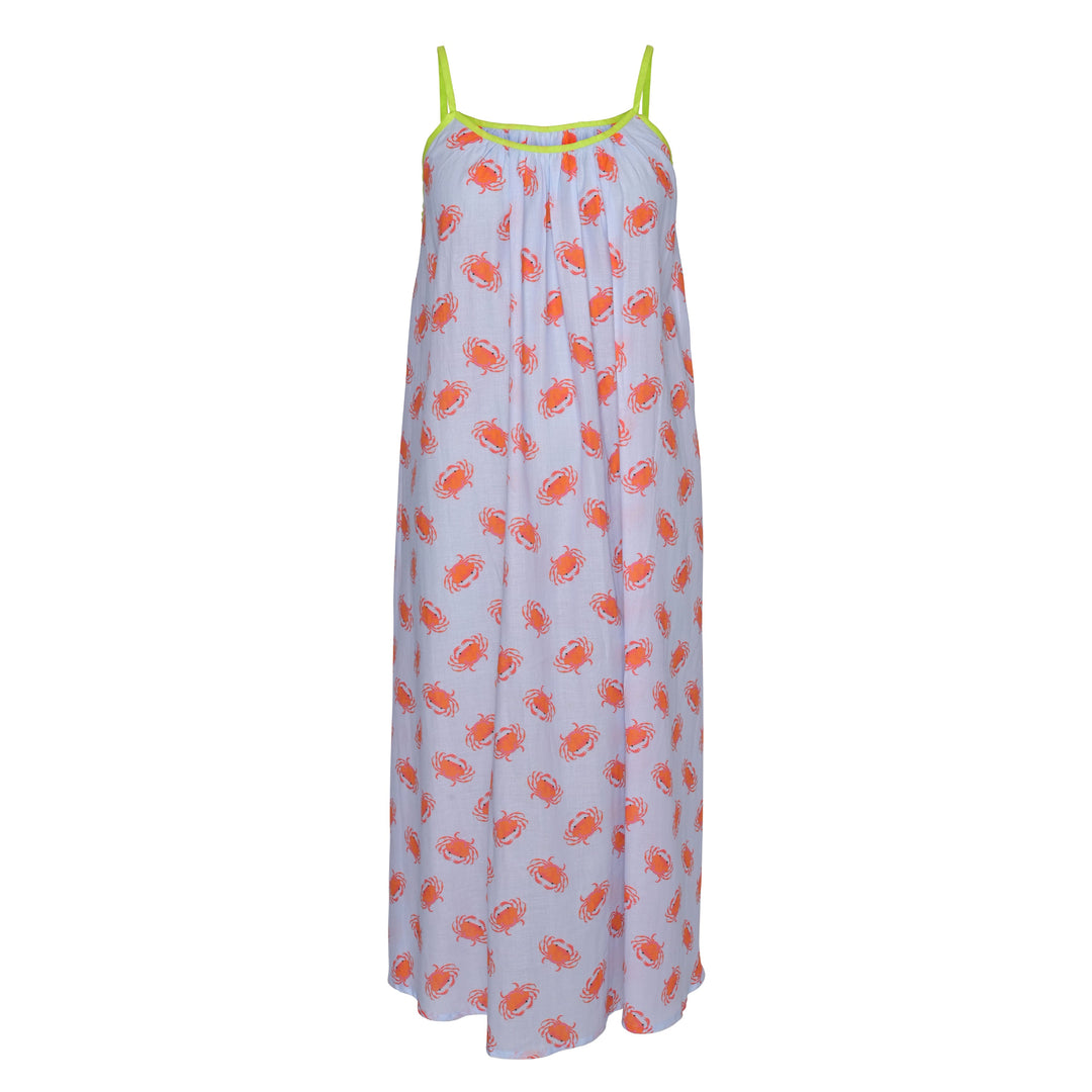 Langes Sommerkleid Eliza‑cs aus 100 % Baumwolle in Hellblau mit Krebs‑Print, Vorderansicht