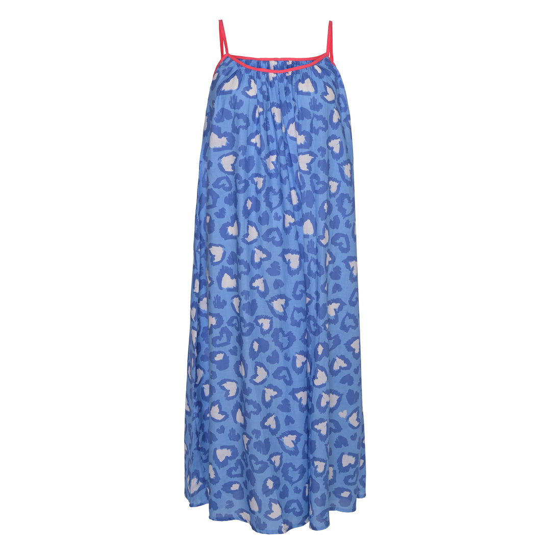 Langes Sommerkleid Eliza‑cs aus 100 % Baumwolle in Blau mit Leo-Herzen‑Muster, Vorderansicht