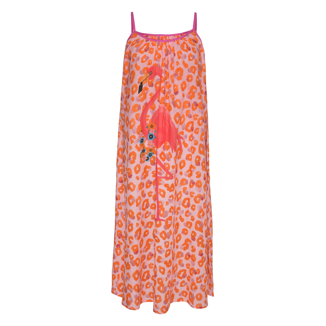 Langes Sommerkleid Eliza‑cs aus 100 % Baumwolle mit Spaghetti-Trägern in Nektarine mit Leomuster und aufgedrucktem Flamingo, Vorderansicht