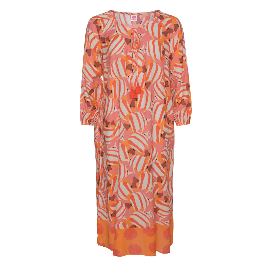 Langes Sommerkleid Megan‑cs aus 100 % Baumwolle mit maritimem Fisch‑Print in Champagner, Vorderansicht