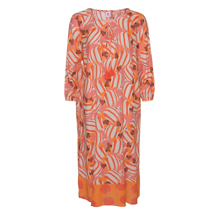 Langes Sommerkleid Megan‑cs aus 100 % Baumwolle mit maritimem Fisch‑Print in Champagner, Vorderansicht