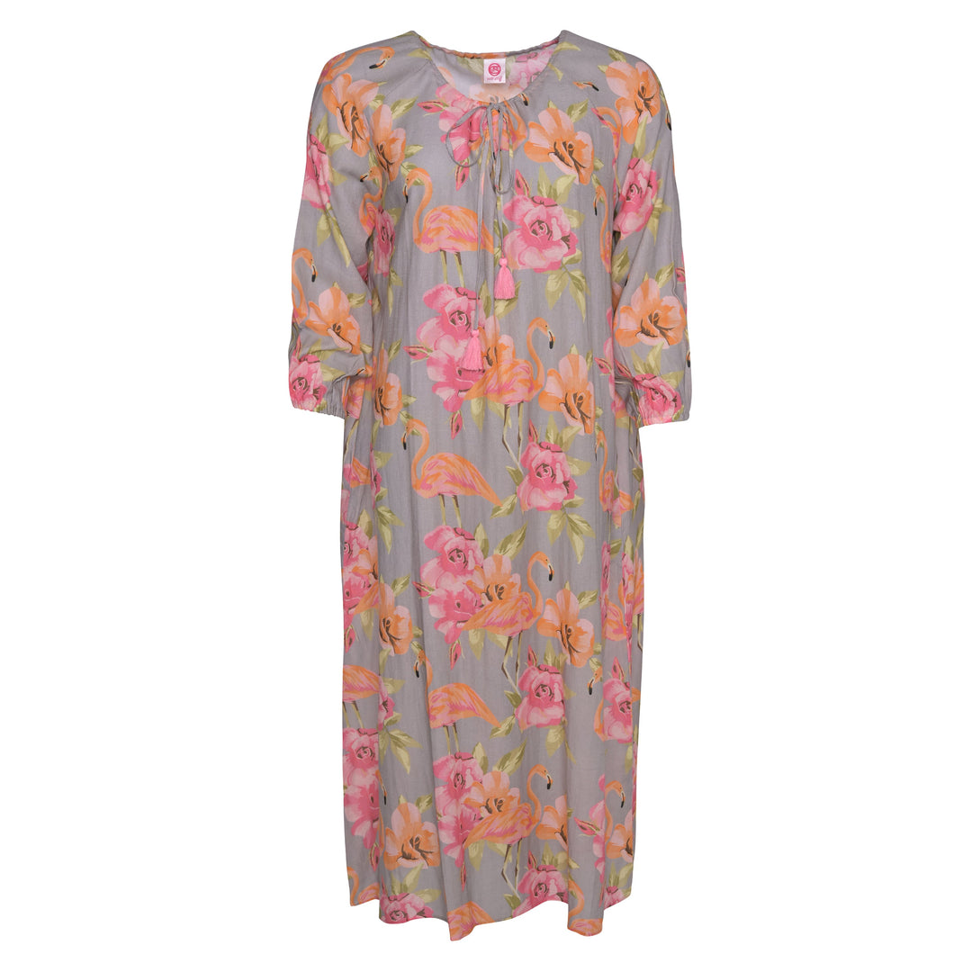 Langes Sommerkleid Megan‑cs aus 100 % Baumwolle mit exotischem Flamingo‑Print in Grau, Vorderansicht