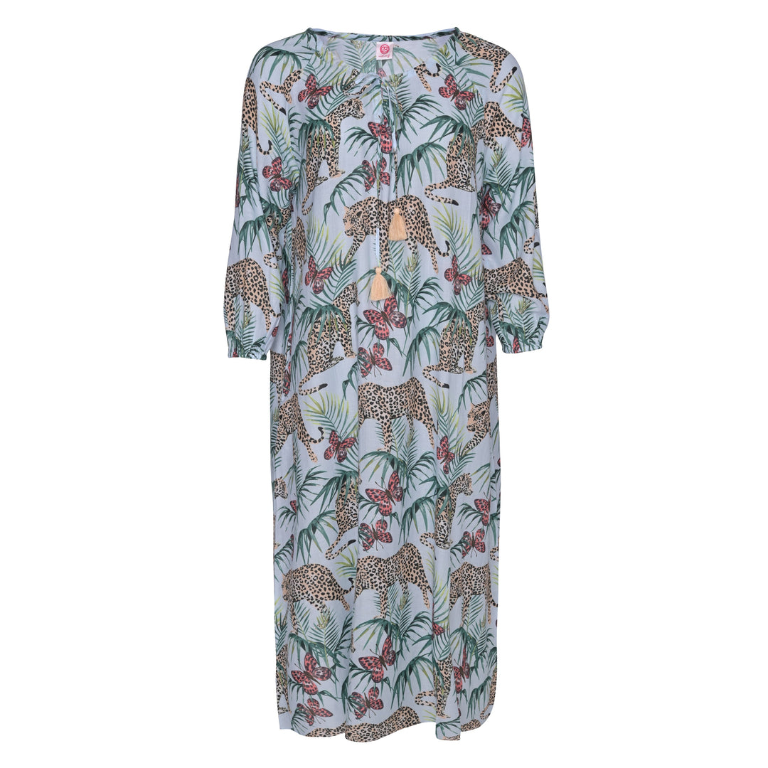 Langes Sommerkleid Megan‑cs aus 100 % Baumwolle mit exotischem Dschungel‑Print in Frosty, Vorderansicht