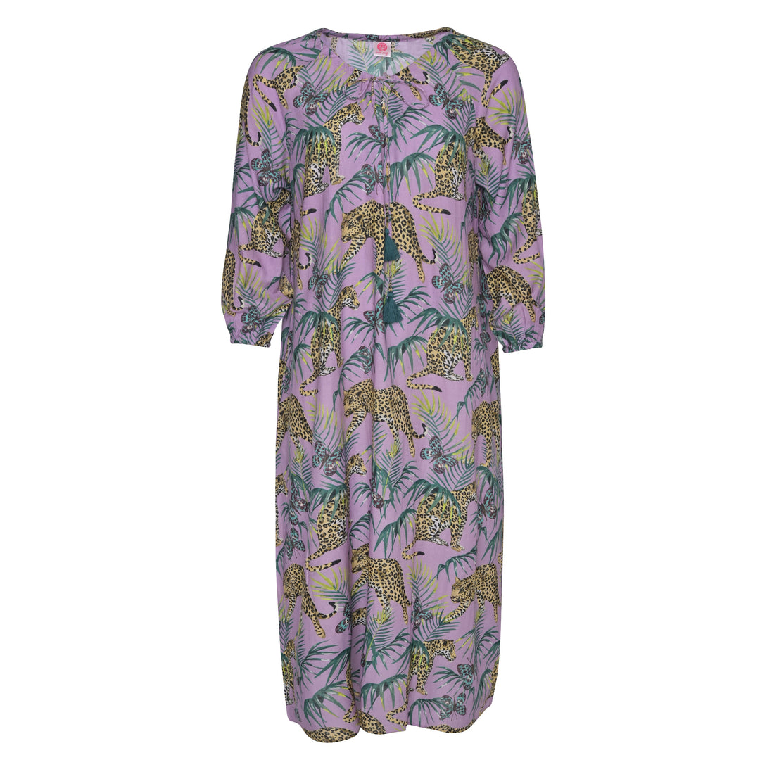 Langes Sommerkleid Megan‑cs aus 100 % Baumwolle mit exotischem Dschungel‑Print in Gray Lilac, Vorderansicht