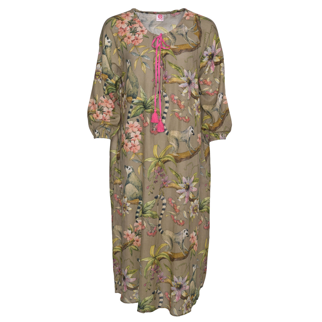 Langes Sommerkleid Megan‑cs aus 100 % Baumwolle mit exotischem Lemuren‑Print in Hunter, Vorderansicht