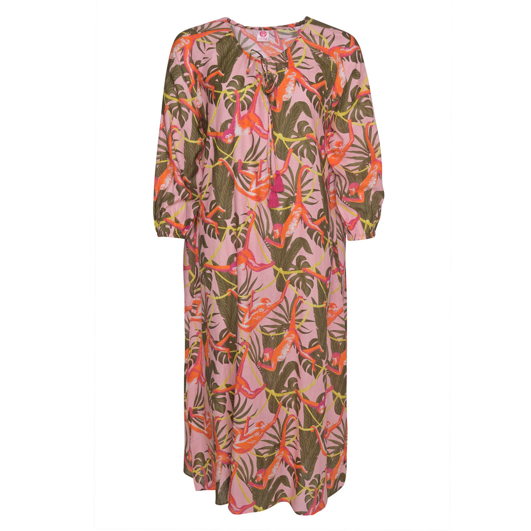 Langes Sommerkleid Megan‑cs aus 100 % Baumwolle mit exotischem Affen‑Print in Kiss Me, Vorderansicht