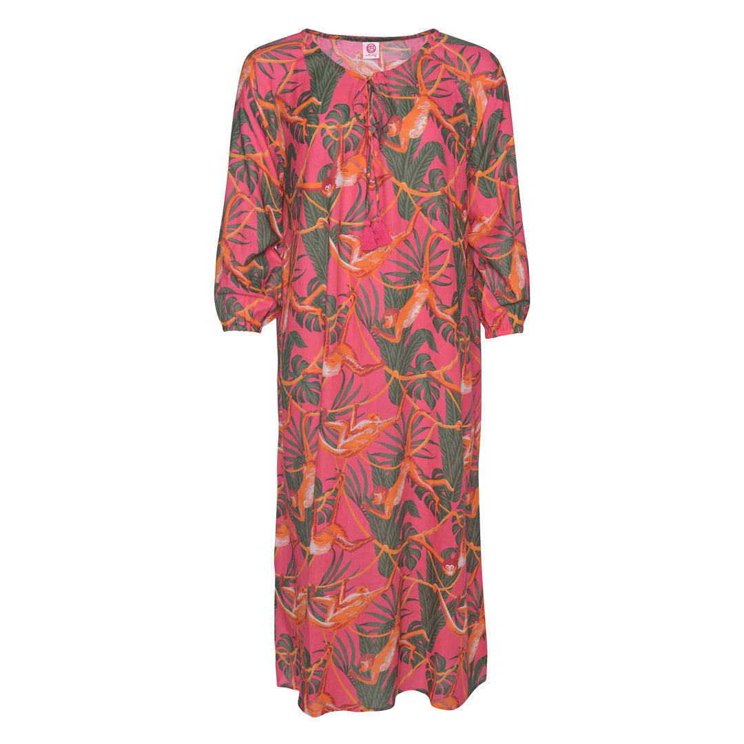 Langes Sommerkleid Megan‑cs aus 100 % Baumwolle mit exotischem Affen‑Print in Raspberry, Vorderansicht