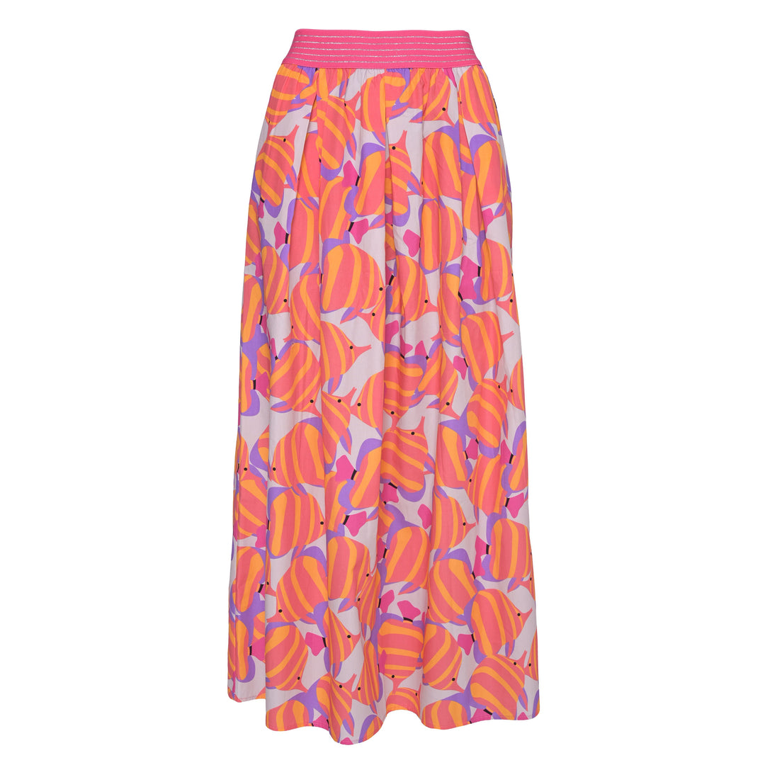 Feiner Rock für Damen aus Baumwolle mit Fische-Motiv-Druck für den Sommer, knöchellang, elastischer Hüftund, auch für große Größen, Farbe: koralle