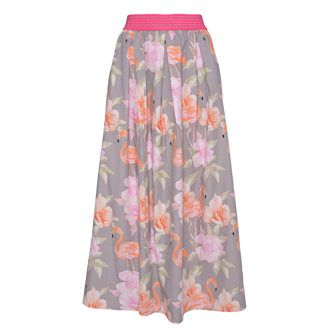 Langer Sommerrock aus Baumwolle mit Animal-Print Flamingos, elastischem Hüftbund, auch in großen Größen, Farbe : Ash