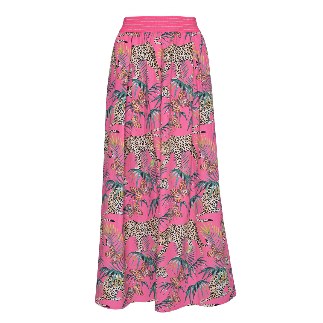 Langer Sommerrock aus Baumwolle mit Animal-Print Leopraden, elastischem Hüftbund, auch in großen Größen, Farbe : Pink