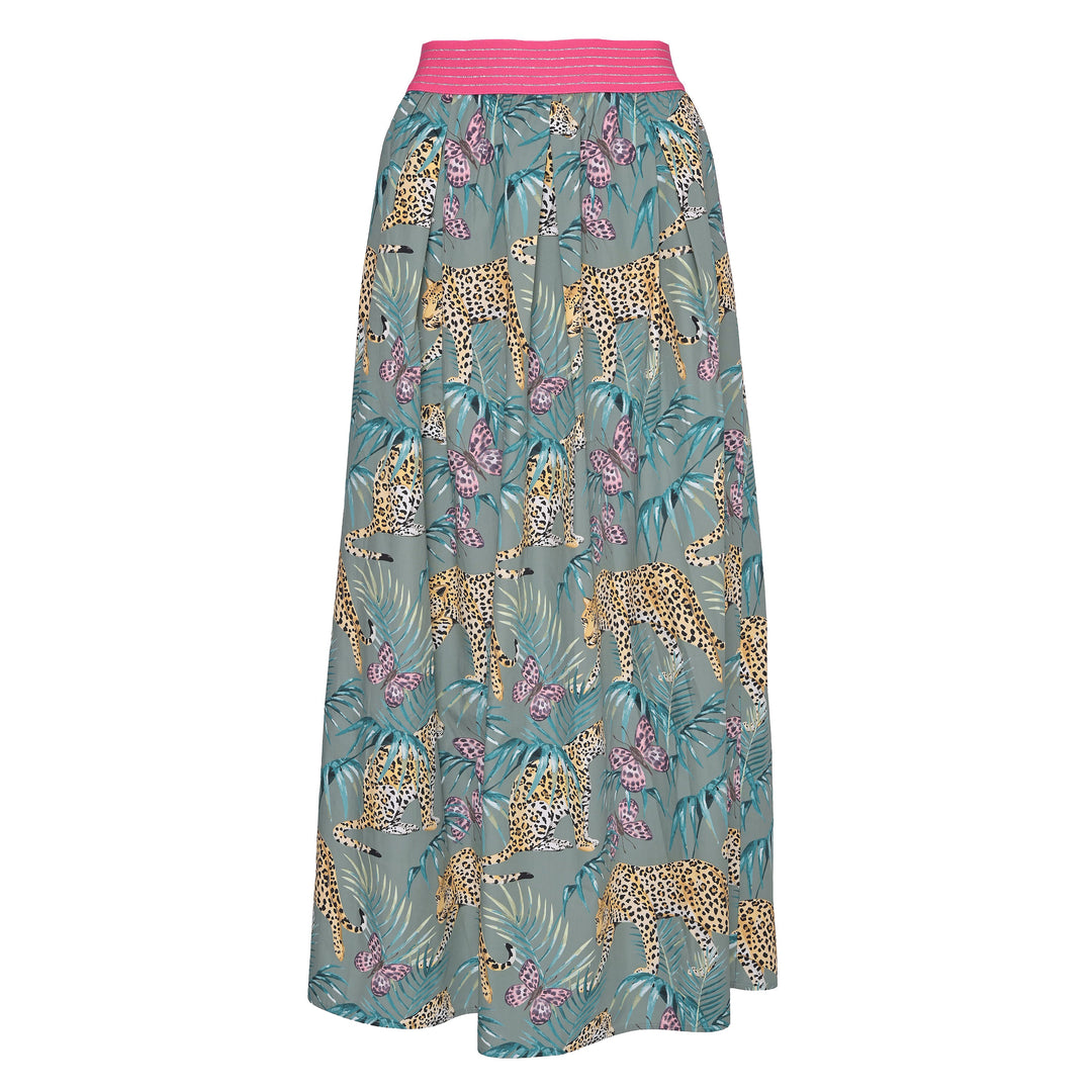 Langer Sommerrock aus Baumwolle mit Animal-Print Leopraden, elastischem Hüftbund, auch in großen Größen, Farbe : Thyme