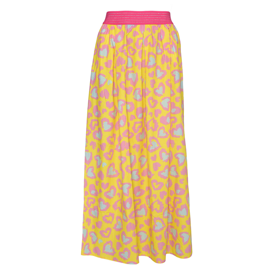 Sommerlicher Baumwollrock für Damen mit All-Over-Print aus Leo-Herzen, elastischer Bund, Farbe Gelb, Produktbild