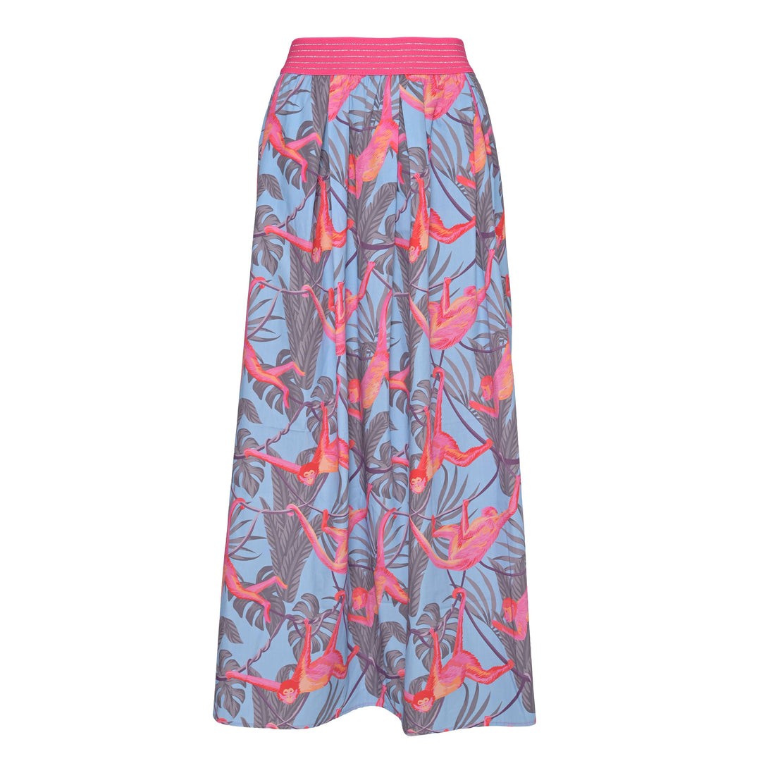 Langer Sommerrock aus Baumwolle mit Animal-Print Monkeys, elastischem Hüftbund, auch in großen Größen, Farbe : Blau und Pink