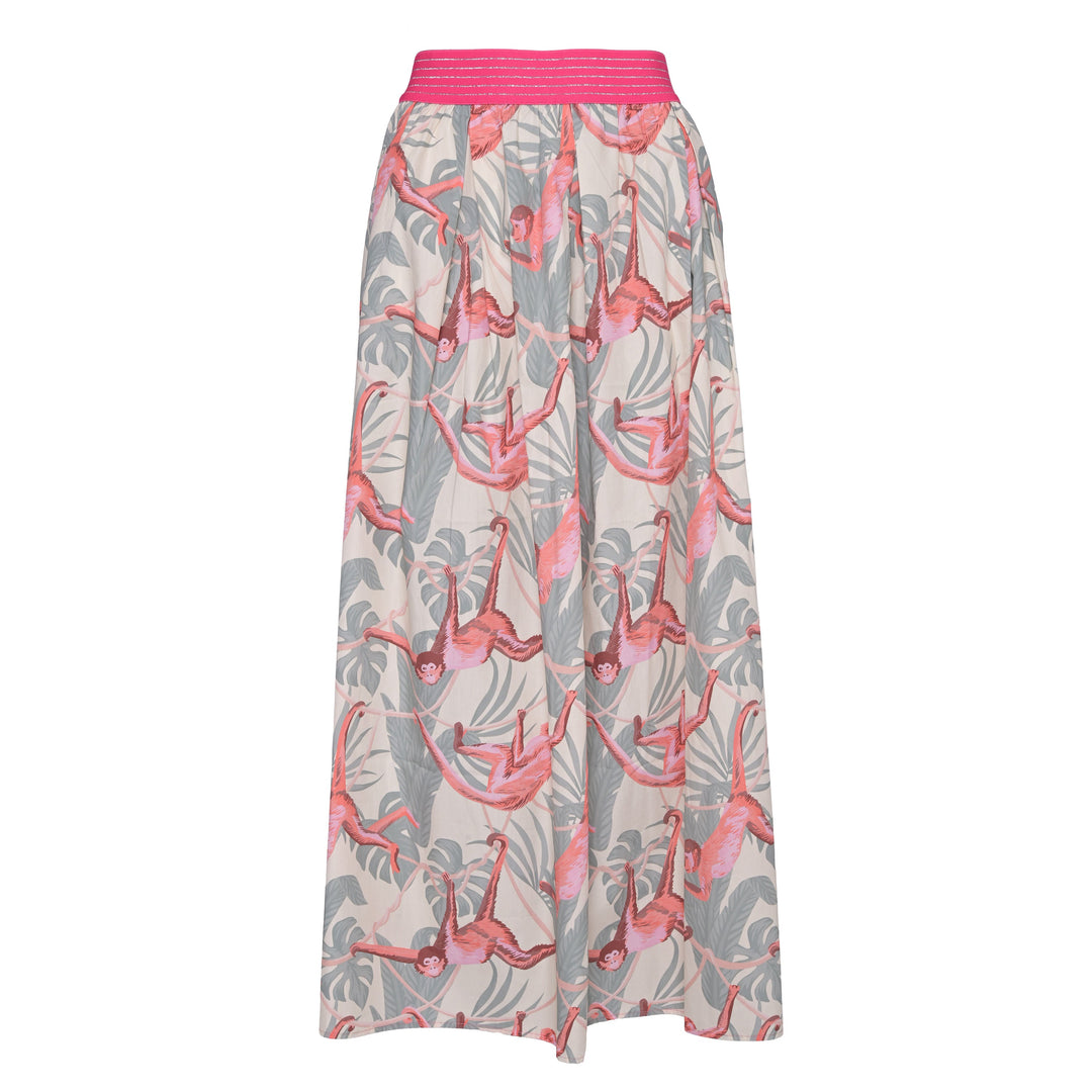 Langer Damenrock mit All-Over-Print mit kleinen Affen aus Baumwolle, figurschmeichelnd, Farbe: Off White, Produktbild