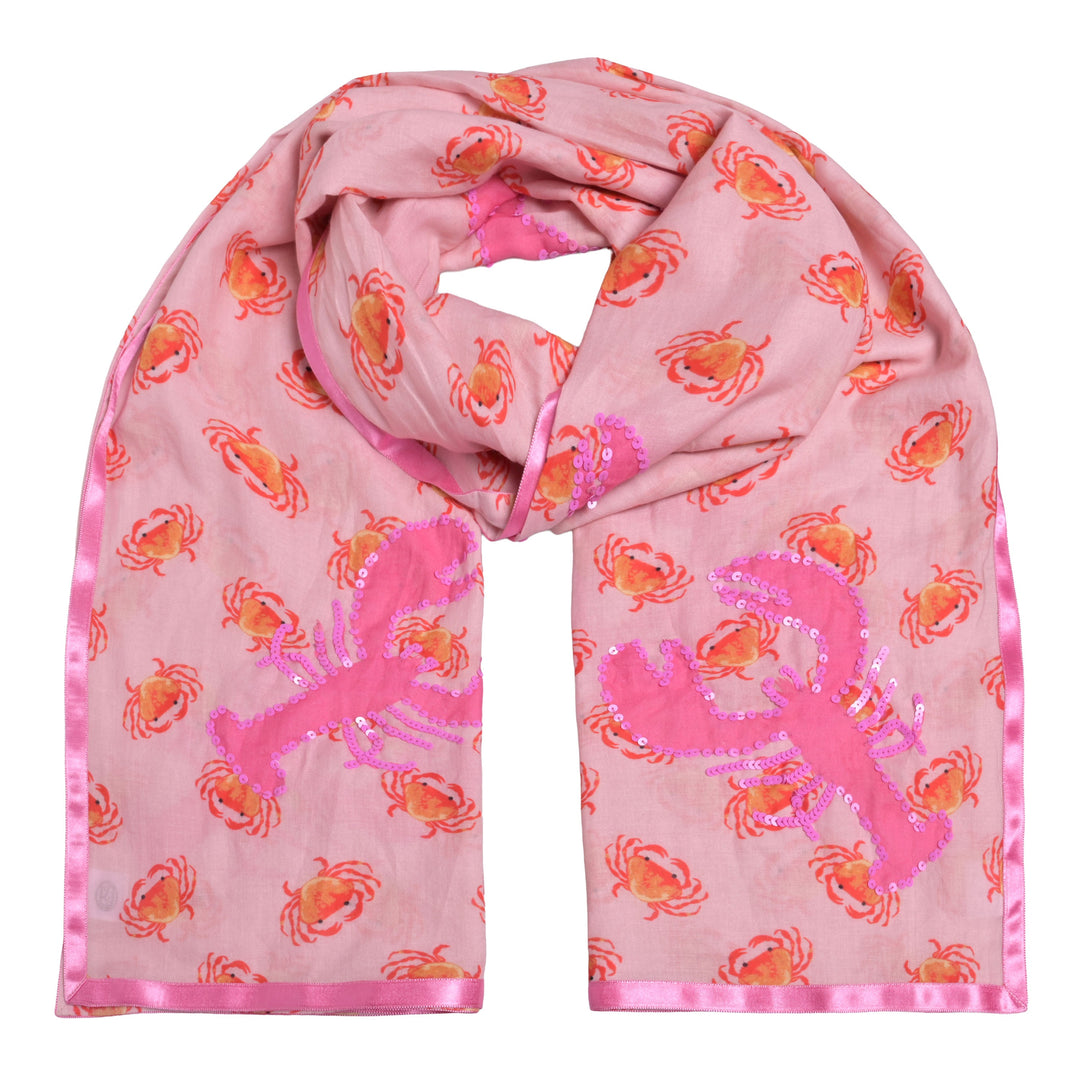 Langer Sommerschal 200× 70 cm aus 100% Baumwolle mit maritimem Krebs‑ und Hummer‑Motiv