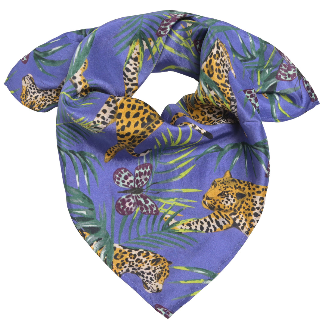 Seidentuch Bandana in Blau mit Leoparden-und Dschungel‑Motiv aus 100 % reiner Seide für Damen