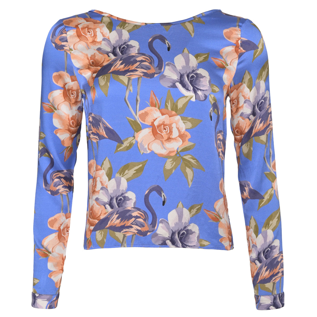 Damenbluse aus Seide mit Rundhalsausschnitt und Knopfmanschetten mit Flamingo-Print