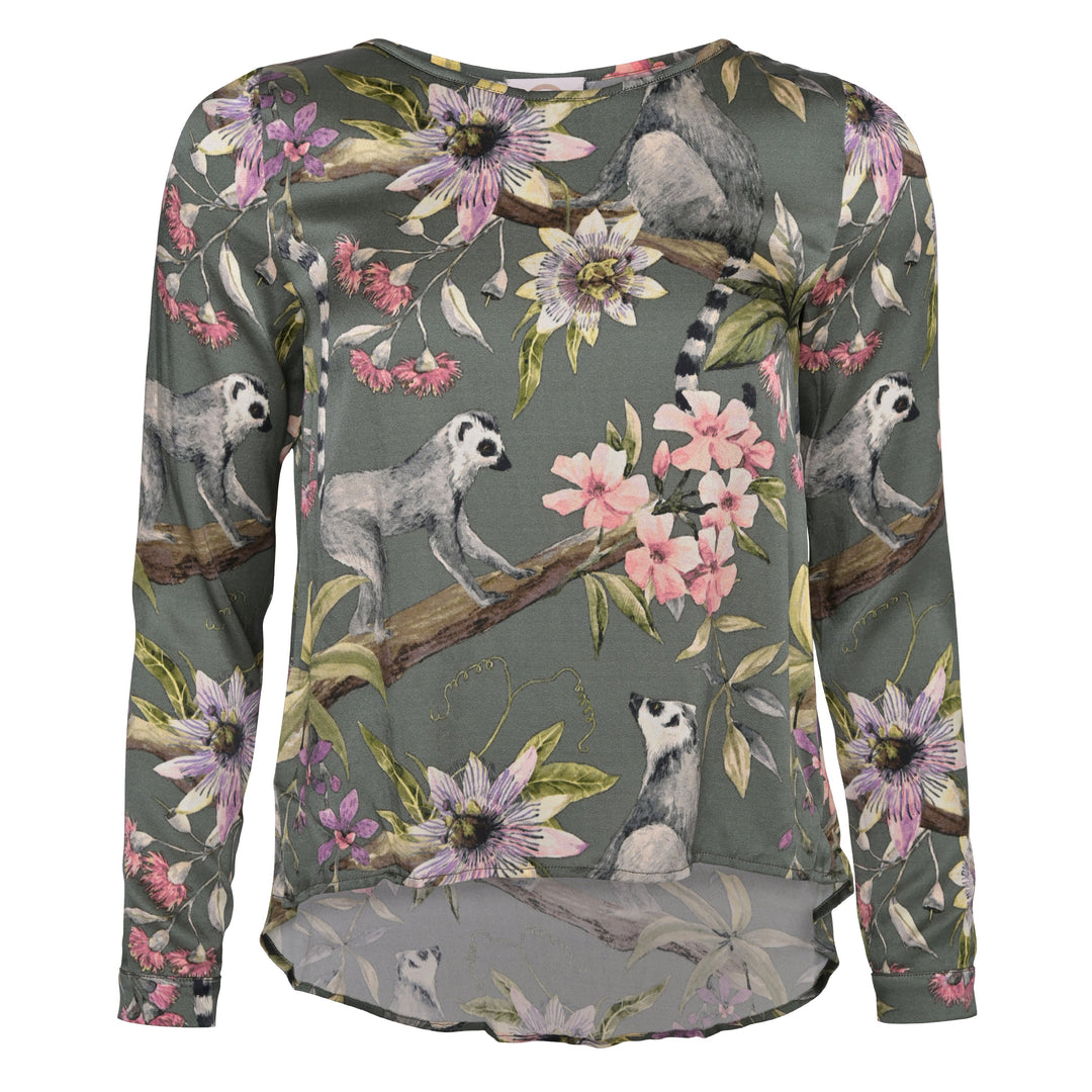 Seidenbluse Damen mit Lemuren Print in Grün