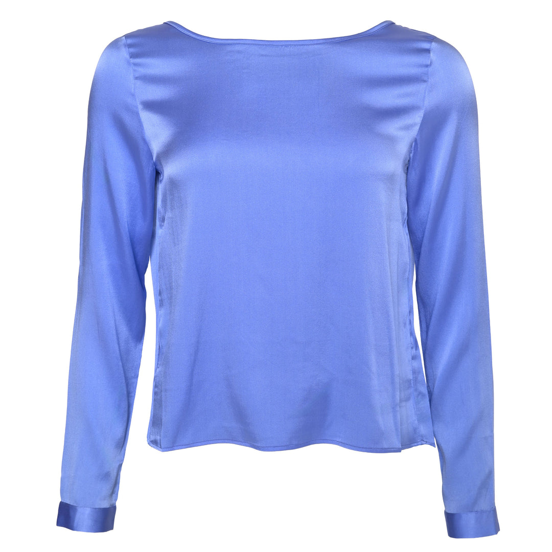 Damenbluse aus Seide in Blau mit Rundhalsausschnitt und Knopfmanschetten