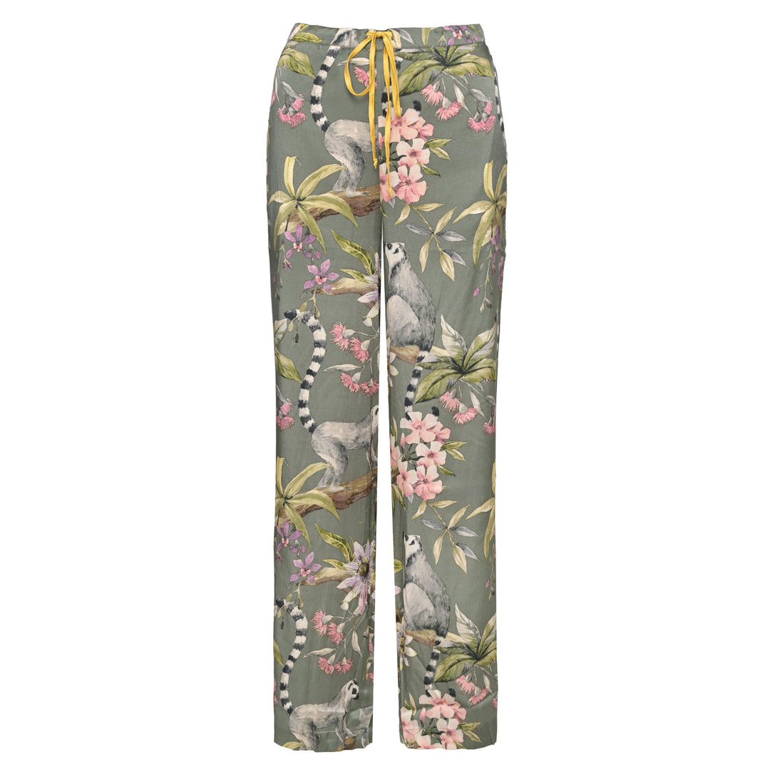 Leichte Damen Sommerhose aus 95 % reiner Seide und 5 % Elasthan mit exotischem Lemuren‑Print und Zugbund, Vorderansicht