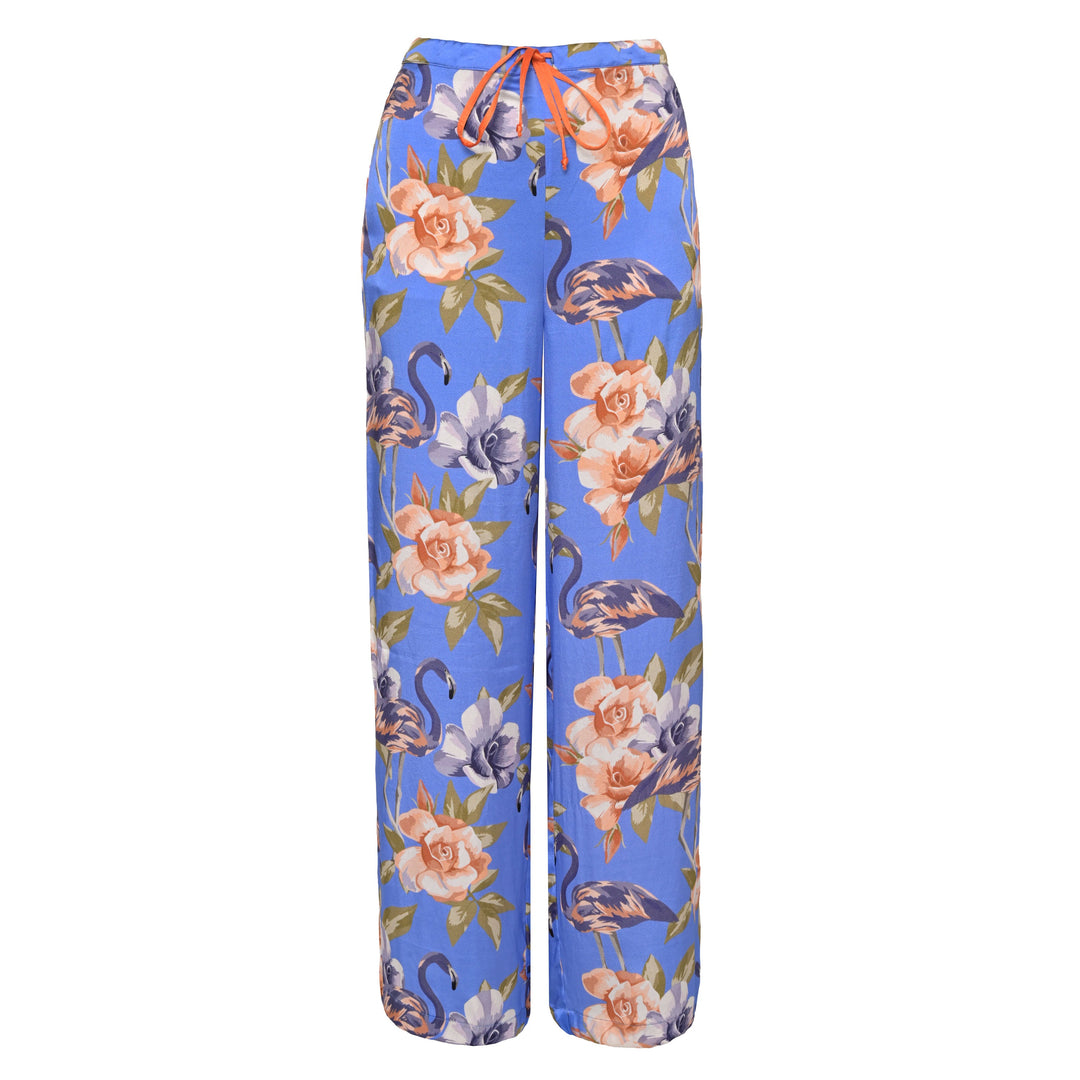 Leichte Sommerhose für Damen aus edler Seide mit Flamingo-Print, Zugbund und sehr guter Passfor in Königsblau