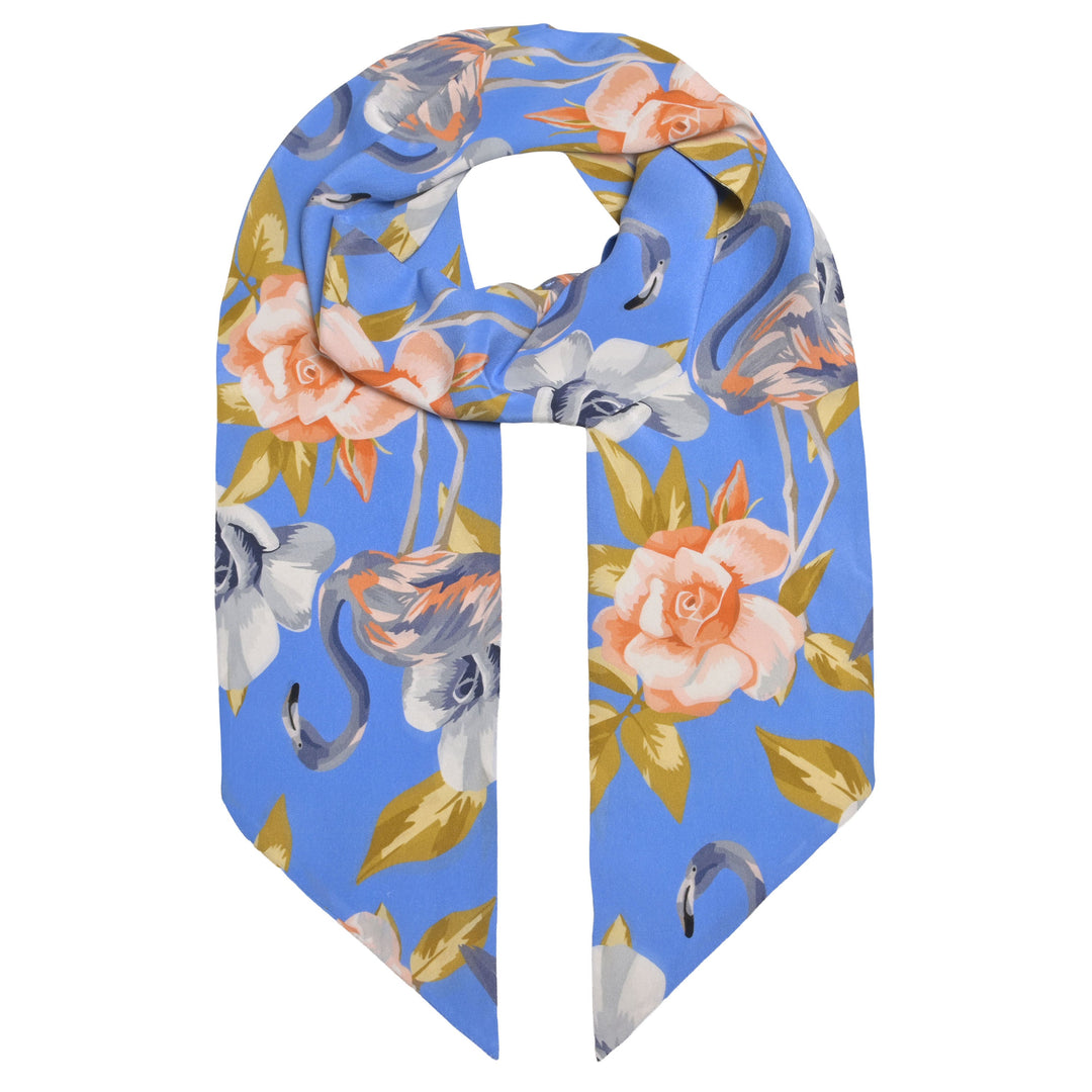 Seidenschluppe in Blau für Damen mit Flamingo‑Motiv, schmale Krawattenschluppe aus 100% Seide