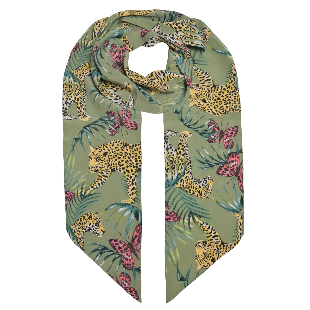 Seidenschluppe für Damen mit Dschungel‑Motiv in Thyme, schmale Krawattenschluppe aus 100% Seide