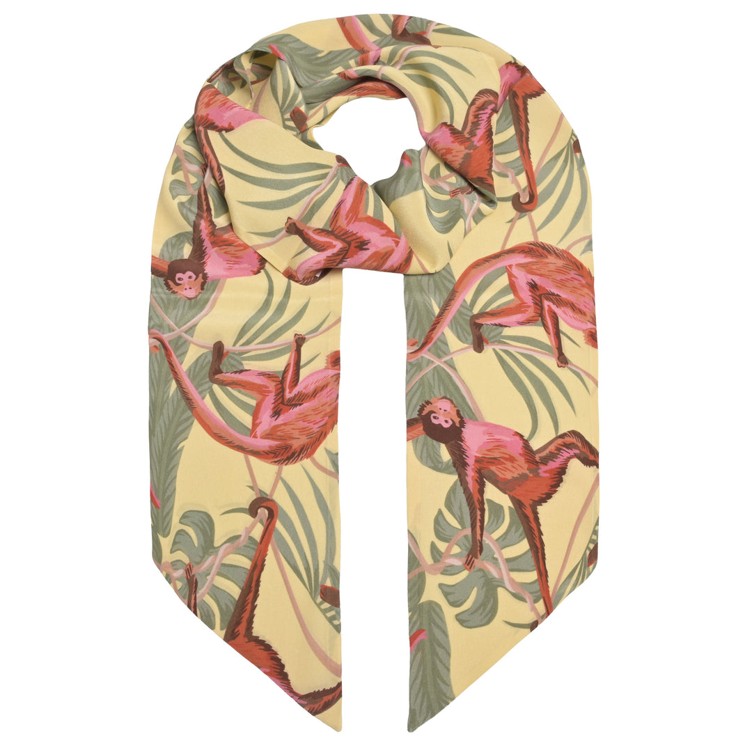 Seidenschluppe für Damen mit Affen‑Motiv in Champagner, schmale Krawattenschluppe aus 100% Seide