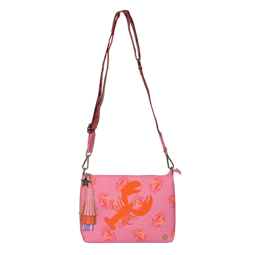 Kleine pinke Damentasche mit Krebs- und Hummer-Motiv, Pompom-Anhänger und abnehmbarem Tragegurt, nutzbar als Cosmetic Bag oder Clutch